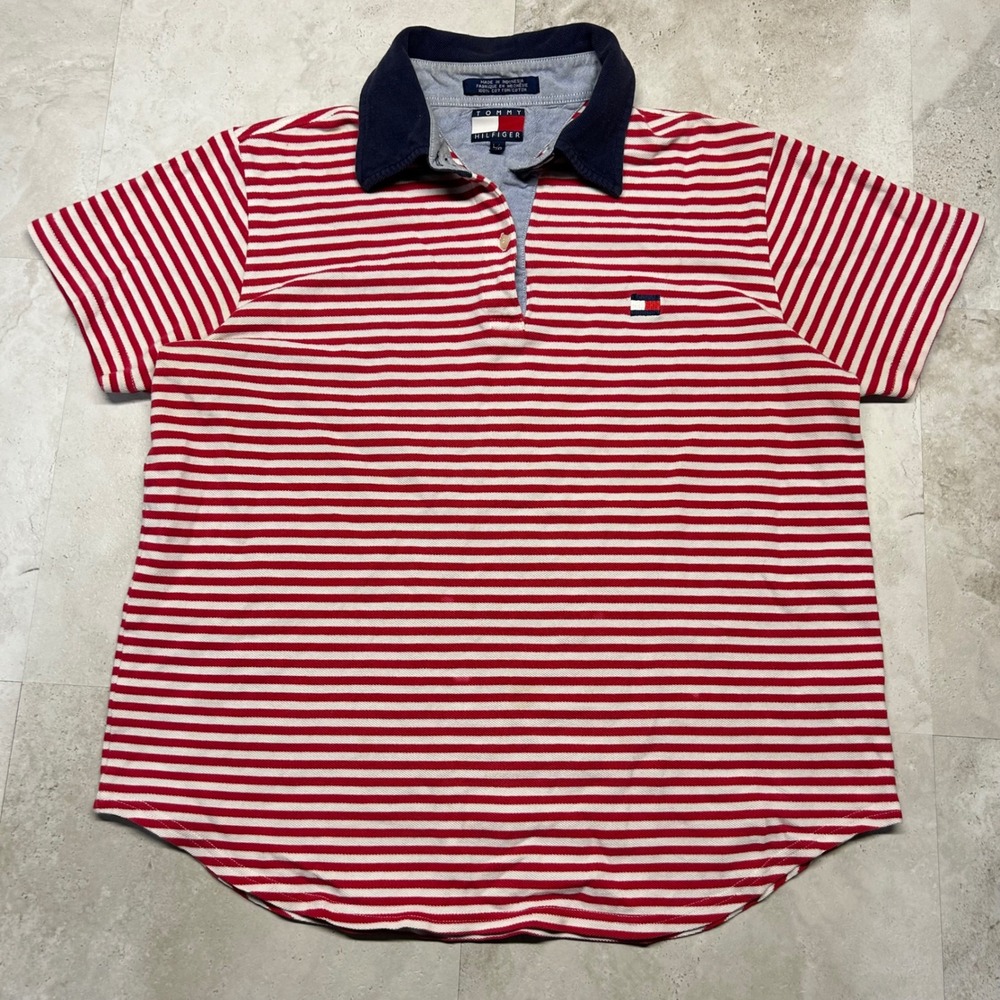 Tommy Hilfiger Striped Polo Shirt Red White Women Large Short Sleeve Preppy
